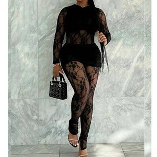 FAGADOER Sexy Lace Two Piece Set for Women Mesh See Through Hollow Out Crop Top + Bodycon Skirt Pants Suits Hot Girl Streetwear