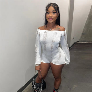 Summer One Word Collar Rip Romper Women See Through  Backless Sexy Skinny Fitness Playsuit Activity Party Clubwear