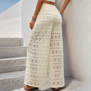 Womens See Through Lace Flower Pants Bikini Cover-Ups High Rise Wide Boho Leg Trousers with Pockets Casual Bottoms Streetwear