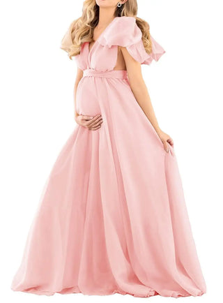 Maternity Chiffon V-Neck Dress Robe Sheer Puffy Gown for Pregnancy Baby Shower Photoshoot - Pregnancy Sheer Gown