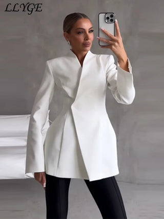 Street Solid Suit Jacket Skirt Set Women Slim One Button Blazer See Through Pleated Fishtail Skirts 2025 Spring Lady Party Suit