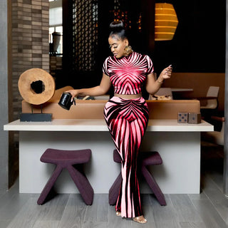 Stripe Printed See Through Sexy Women 2 Piece Set 2025 Summer Shorts Sleeve Crop Tops Flare Pants Matching Club Outfits
