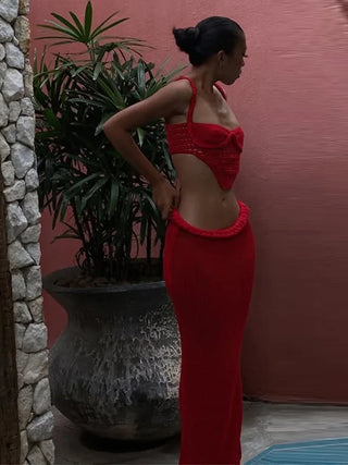 Fashion Hollow Out Knitted Skirt Set Women Sexy See Through Holiday Two Piece Outfit Summer Top and Maxi Skirt Matching Set 2025