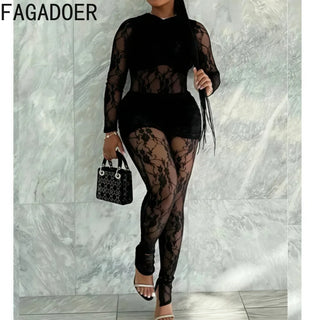 FAGADOER Sexy Lace Two Piece Set for Women Mesh See Through Hollow Out Crop Top + Bodycon Skirt Pants Suits Hot Girl Streetwear