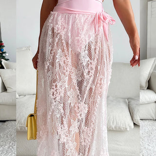 Women Deep V Neck Backless Bandage Cross One Piece Swimsuit Lady Beach Swim Sexy Lace Transparent Skirts & Bodysuit Bikini Set