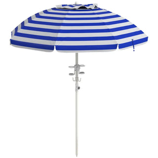 5.7' Portable Beach Umbrella with Tilt Adjustable Height 2 Cup Holders Hooks UV 40+ Ruffled Outdoor Umbrella with Vented Canop