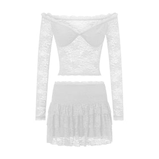 Fairycore Women Lace Skirt Set See Through Off Shoulder Long Sleeve Crop Tops and Mini Skirt Suit 2 Piece Outfits Streetwear