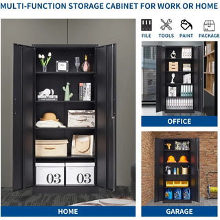 Metal Storage Cabinet-71” Tall Steel File Cabinets with Lockable Doors and Adjustable Shelves-Black Steel Storage Cabinet for Ho