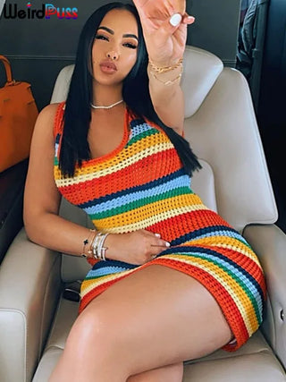 Skinny High Stretch Summer Fashion Streetwear Party Y2K Bodycon Weird Puss Stripes Crochet Women Dress Thick Straps Sleeveless