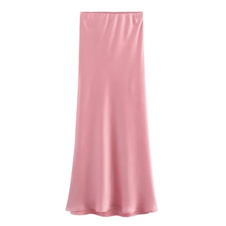 TRAFZA 2024 Y2K Casual Women Long Skirt Spring Elastic High Waisted A-Line Casual Female Satin Skirts High Street Lady Skirts