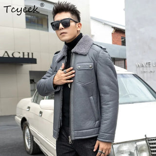 Tcyeek Real Sheepskin Fur CoatsMotocycle Jacket Genuine Leather Man Jackets Natural Fur Coat Men Winter Clothes Куртка Мужская