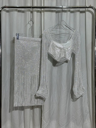 2025 New Skirt Women's suits Hotwife Fishnet diamonds tops evening club party see through tops Women's two pieces set