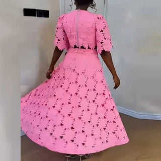 Fashion Hollow Lace Slim 2 Piece Sets Elegant Solid Holiday Summer Outfit New Ladies O Neck Short Sleeved Top + Long Skirt Suit