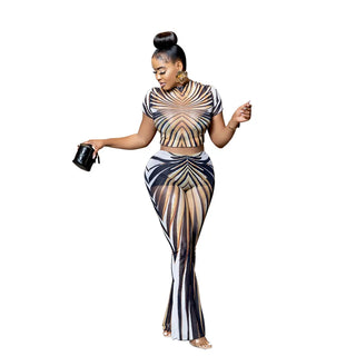 Stripe Printed See Through Sexy Women 2 Piece Set 2025 Summer Shorts Sleeve Crop Tops Flare Pants Matching Club Outfits