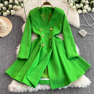 Formal Autumn Winter Double Breasted Long Sleeve Short Blazer Dress Women Suit Coats Office Lady A Line Pleated Quality Vestidos