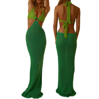 Yiiciovy Women Bikini Cover-Ups Knitted Hollow V-neck Halter Tie-up Dress Swimsuit Cover-Up Sexy Backless Crochet Beach Dresses