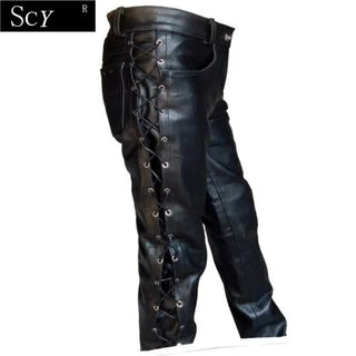 Men's Black Thick Leather Side Laces Up Jeans Style Long Pant Motorcycle Leather Trousers Leather Motorcycle Pants