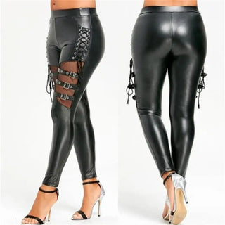 Woman Pants High Waist Pants Hollow Out Bandage SteamPunk Rock Leather Club Slim Streetwear Weird Puss Faux PU Trousers
