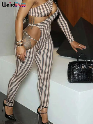 Weird Puss Sexy Hollow Jumpsuit Women Ruched Irregular Hipster Club Stripe Print Full Sleeve Midnight Activity Workout Overalls