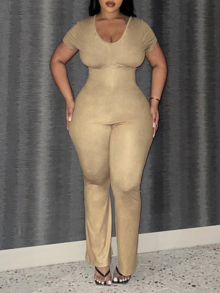 LW Plus Size Flared Jumpsuits for Women Autumn Casual Short Sleeve V Neck Zipper Skinny Trousers Large Size Full Jumpsuit Woman