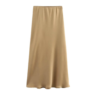 TRAFZA 2024 Y2K Casual Women Long Skirt Spring Elastic High Waisted A-Line Casual Female Satin Skirts High Street Lady Skirts