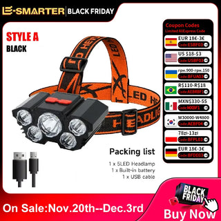 5 LED Flashlight Rechargeable with Built in Lithium Battery Strong Head Light Camping Adventure Fishing Cycling Headlamp