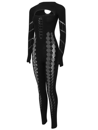 Women's Sexy See Through  Mesh Long Sleeve Cut Out Jumpsuit Lace Bodycon Romper Party Jumpsuits