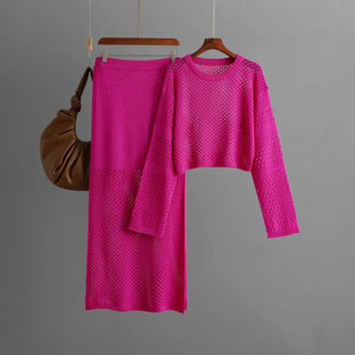 Women's clothing 2025 new summer long sleeved hollow knitted sweater long skirt fashion two-piece dress set skirt sets