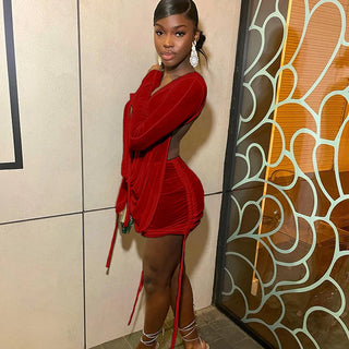 2022 Sexy Mesh Two Piece Set Women Skirt Hipster See Through Flare Long Sleeve Low V-Neck Top And Bandage Drawstring Outfits Y2K