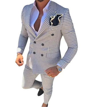Men's Plaid Suits 2 Pieces Blazer and Pants Set Casual Tuxedo Set Double Breasted Peak Lapel Wedding Dresses Prom Evening Party