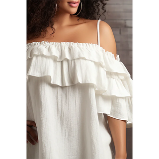 Plus Size Daily White Open Shoulder Short Sleeve Ruffle Linen Blouses