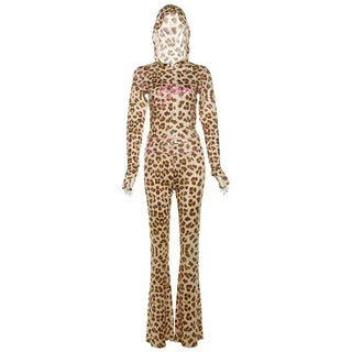 Weird Puss Leopard Letter Print 2 Piece Set Women Tracksuit Sporty Casual Hooded Crop Jacket+Flare Pants Stretch Matching Suits