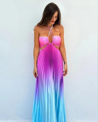 Bonny Summer Gradient Halter Pleated Women Maxi Dresses 2024 Sexy Off Shoulder Backless Wrap Chest Sundress Beach Vacation Robes