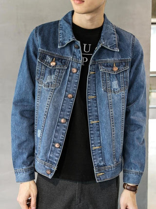 Denim Jackets Man Casual Slim Jeans Coat for Men Button Blue Worn Blazer Short on Board Korea Korean Popular Clothes Original G