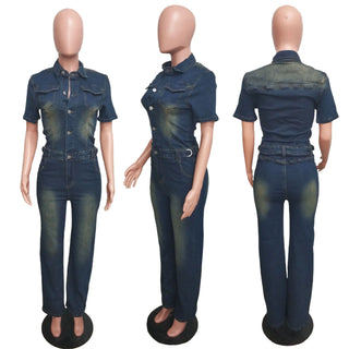 Demin Overalls Jumpsuits Women One Piece Mom Jeans Long Pants Short Sleeve High Waist Rompers Y2k Streetwear Casual Party