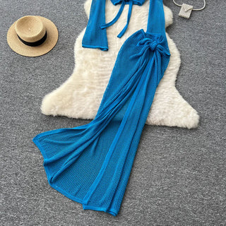 Sexy Crochet 2 Piece Cut Out Long Sleeve Backless Tie Up Top Long Skirt Set Club Knit Beach Dress Outfit Bikini Cover-ups