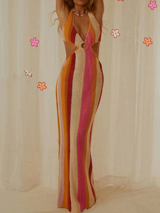 Yiiciovy Women Bikini Cover-Ups Knitted Hollow V-neck Halter Tie-up Dress Swimsuit Cover-Up Sexy Backless Crochet Beach Dresses