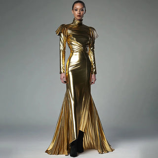 Gold Turtleneck Maxi Dress Office Ladies Long Sleeve Evening Dress Spring and Autumn Ladies High Waist Party Dress