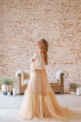 Maternity Chiffon V-Neck Dress Robe Sheer Puffy Gown for Pregnancy Baby Shower Photoshoot - Pregnancy Sheer Gown