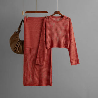 Women's clothing 2025 new summer long sleeved hollow knitted sweater long skirt fashion two-piece dress set skirt sets
