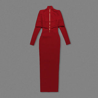 Women's Party Dresses Luxury 2024 Winter New Red Bandage Long Dress Turtle Neck Cross Design Knitted Slim Fit Evening Gown