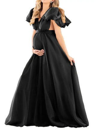 Maternity Chiffon V-Neck Dress Robe Sheer Puffy Gown for Pregnancy Baby Shower Photoshoot - Pregnancy Sheer Gown