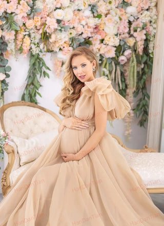 Maternity Chiffon V-Neck Dress Robe Sheer Puffy Gown for Pregnancy Baby Shower Photoshoot - Pregnancy Sheer Gown