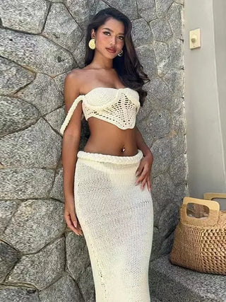 Fashion Hollow Out Knitted Skirt Set Women Sexy See Through Holiday Two Piece Outfit Summer Top and Maxi Skirt Matching Set 2025