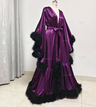 Bathrobe for Women Flare Sleeves Feather Scarf Dressing