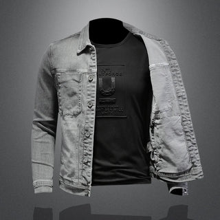 Fashion Denim Jacket Men Cotton Turn Down Collar Casual Mens Denim Coat Slim Fit Motocycle Jean Outerwear Single Breasted Jacket