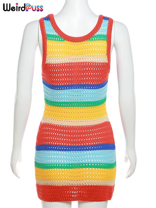 Skinny High Stretch Summer Fashion Streetwear Party Y2K Bodycon Weird Puss Stripes Crochet Women Dress Thick Straps Sleeveless