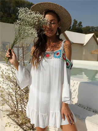 2021 Summer Casual Women Off Shoulder Beach Dress Bikini Cover Ups Bathing Suit Crochet Loose Folds Fashion Swimwear Cover Up