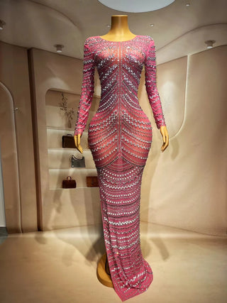 Long Glitter Pink Prom Dresses Sexy Mermaid Style Sheer Luxury Sparkly Beaded Silver Black Girl Formal Prom Gala Gowns Huabao