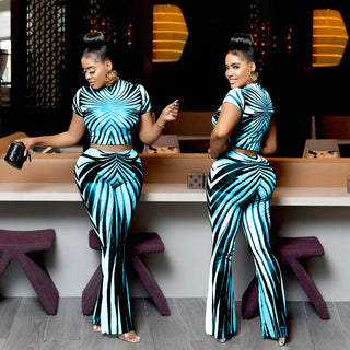 Stripe Printed See Through Sexy Women 2 Piece Set 2025 Summer Shorts Sleeve Crop Tops Flare Pants Matching Club Outfits